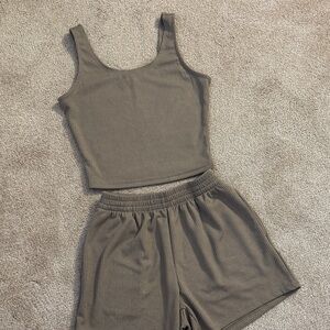 Women's Ribbed Tank and Shorts Set - Taupe
